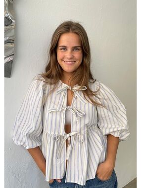 Boii Cat Sea Striped Tie-Front Peplum Blouse in Pale Yellow & Blue